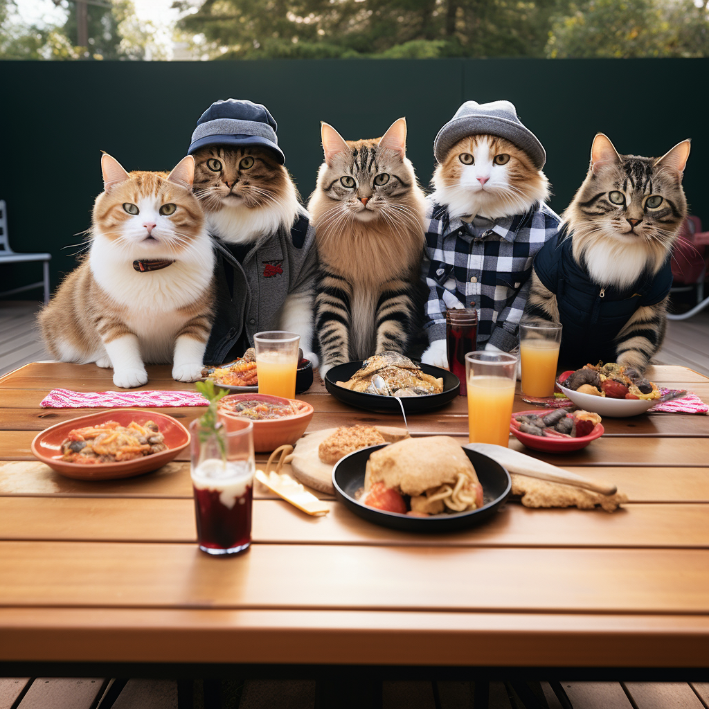 Group of Cats Enjoying Picnic Table Food