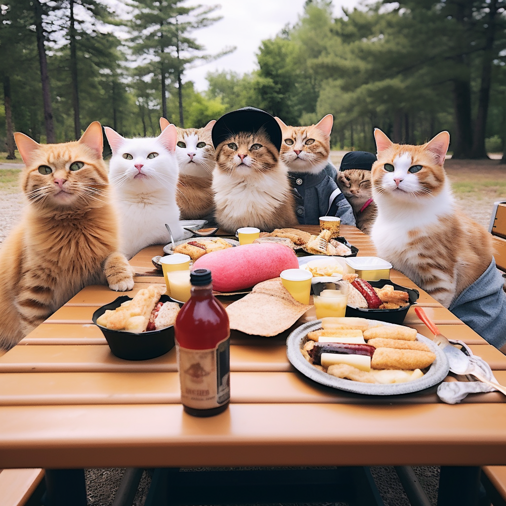 Group of Cat Friends Enjoying a Picnic