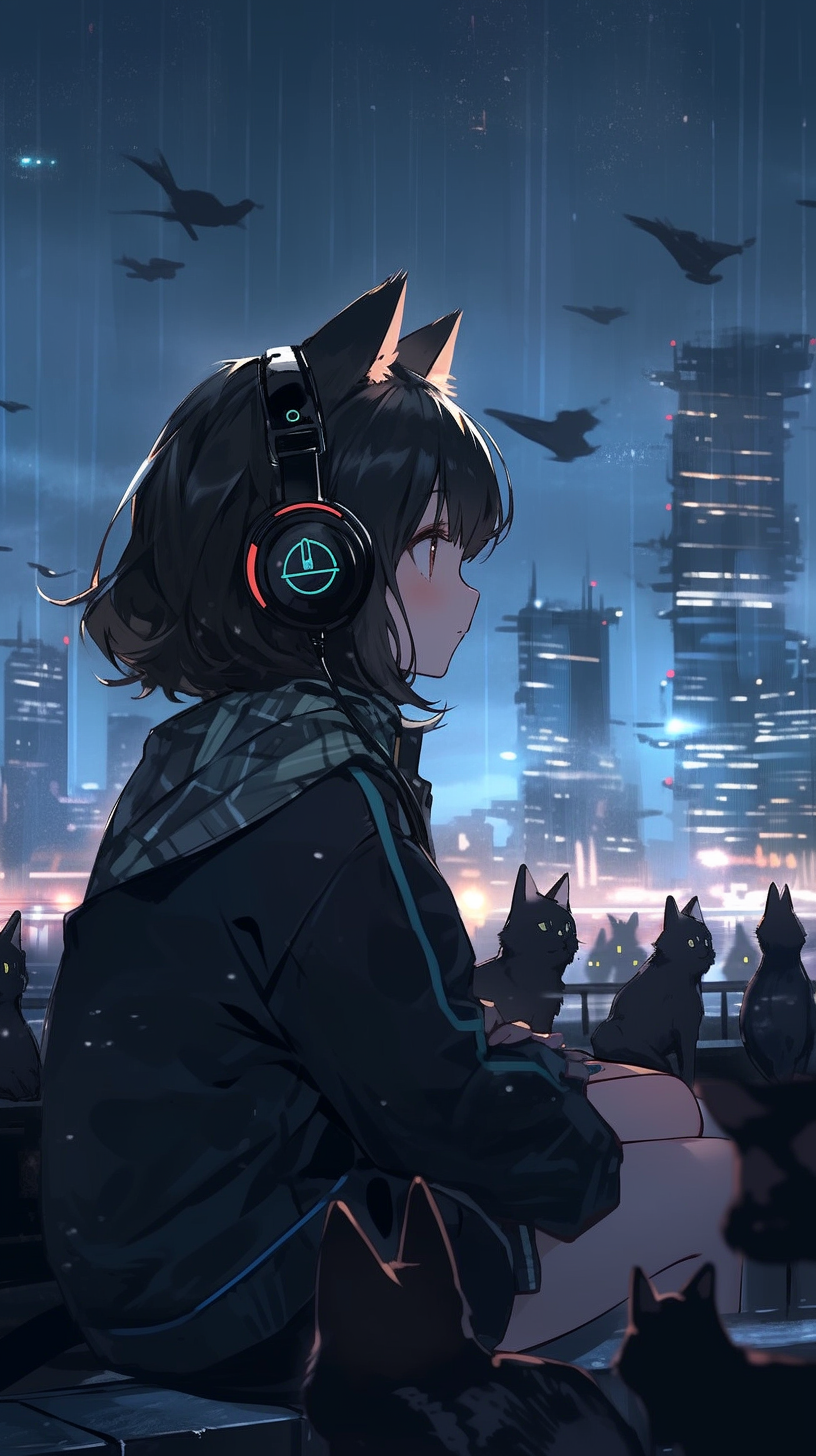 Cat girl with headphones on platform