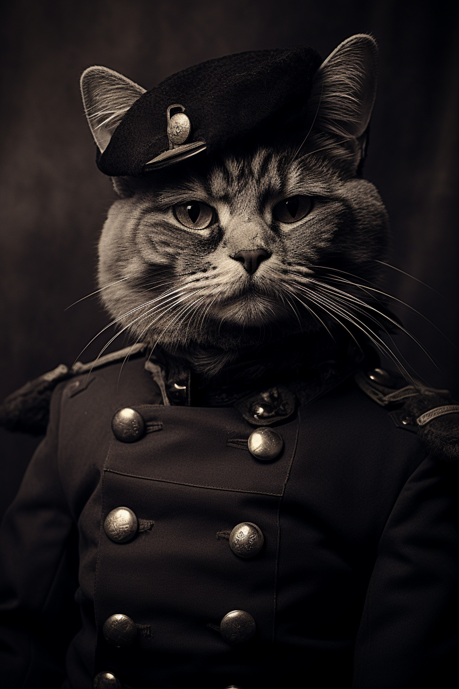 Old photograph of a cat in military uniform