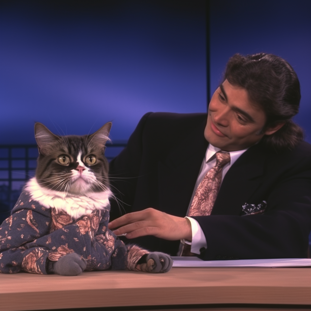 Cat being interviewed on a late night talk show