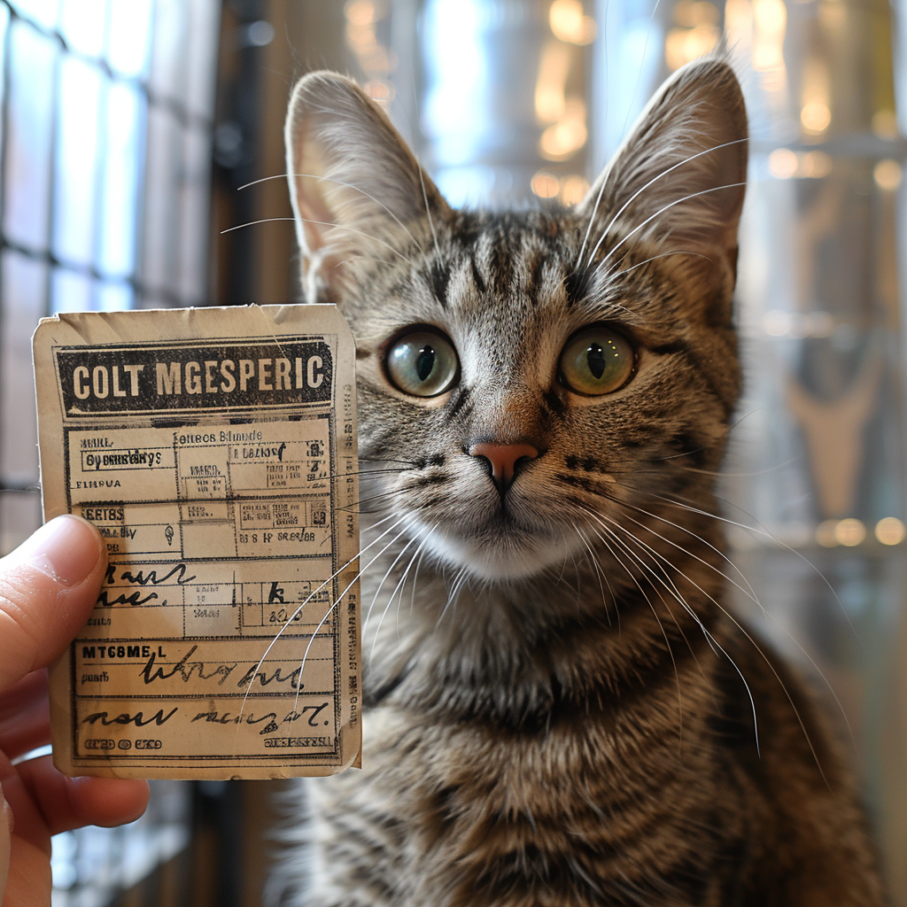 Cat holding mug shot card