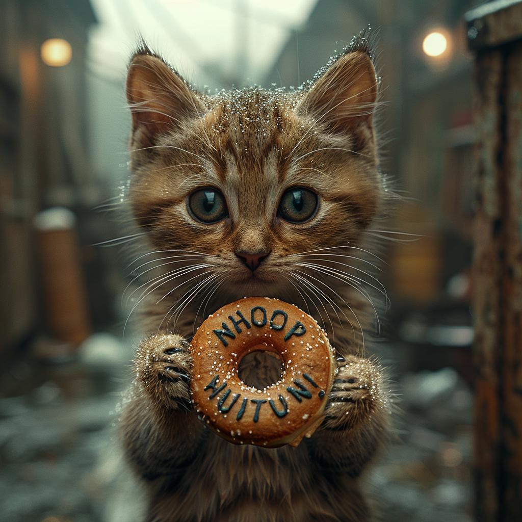 Cat holding sign and donut