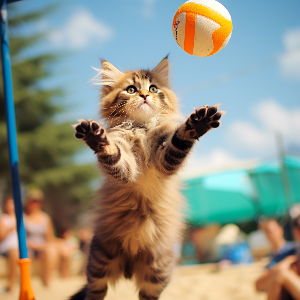 Happy cat playing volleyball outdoors