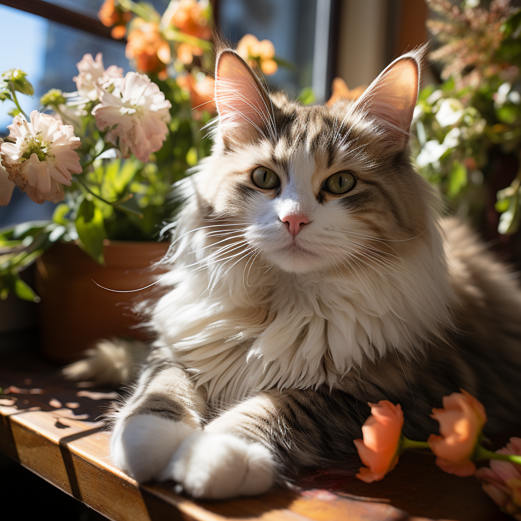 Cat sitting on table in sunlight