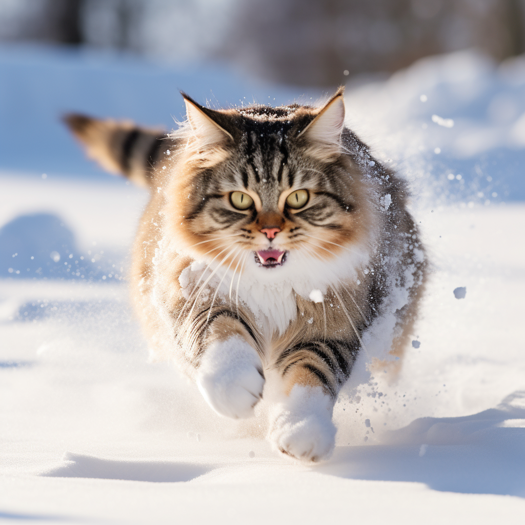 Playful cat running in snow