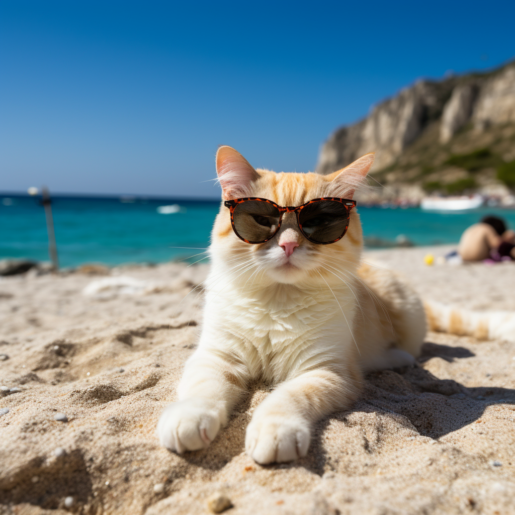 Cute cat wearing sunglasses on the sandy beach