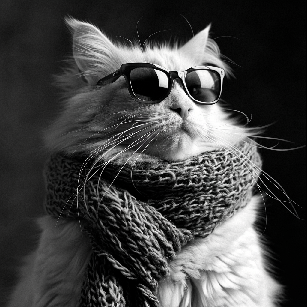 Black and white portrait of a cat wearing sunglasses