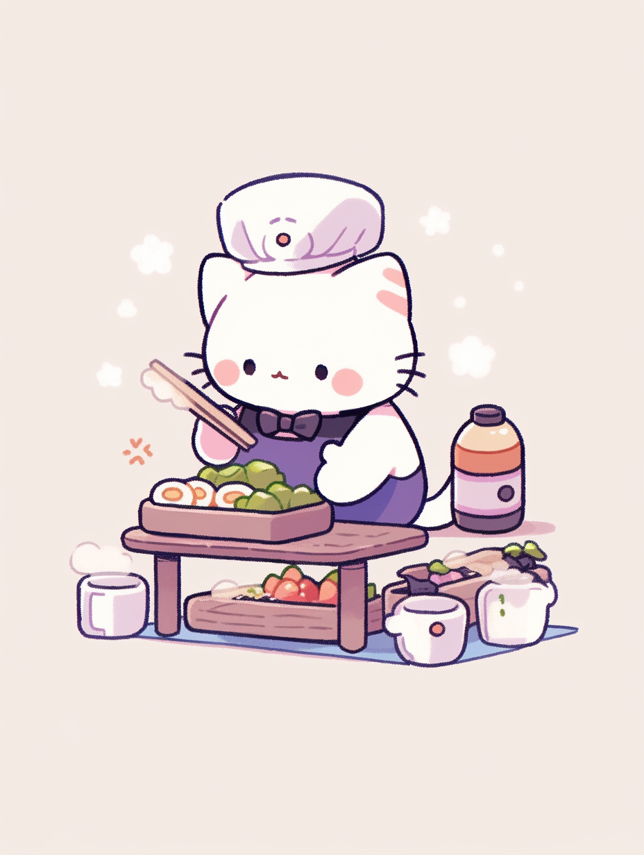 Doodle-style cat sushi chef working at a restaurant