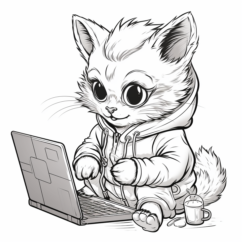 Cartoon cat working on computer