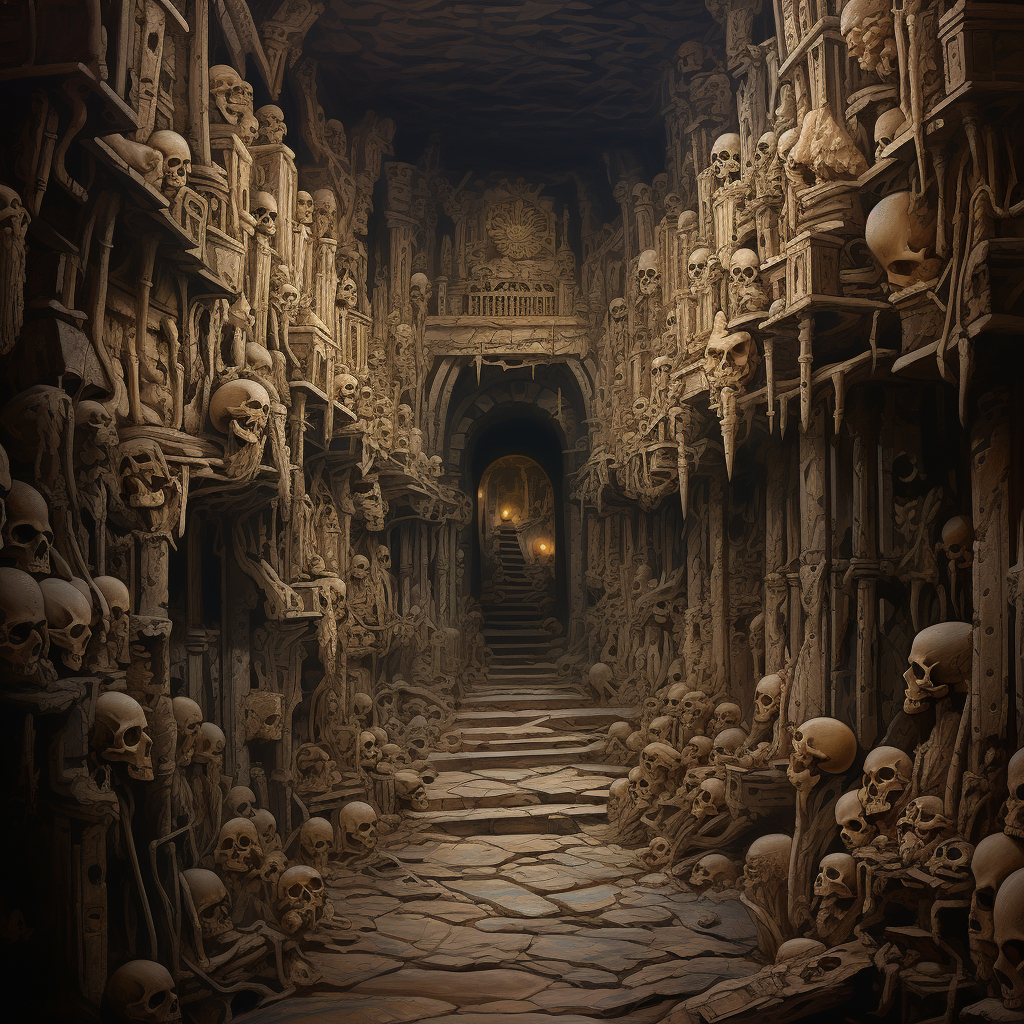 Digital painting of catacomb walls with bones and skulls