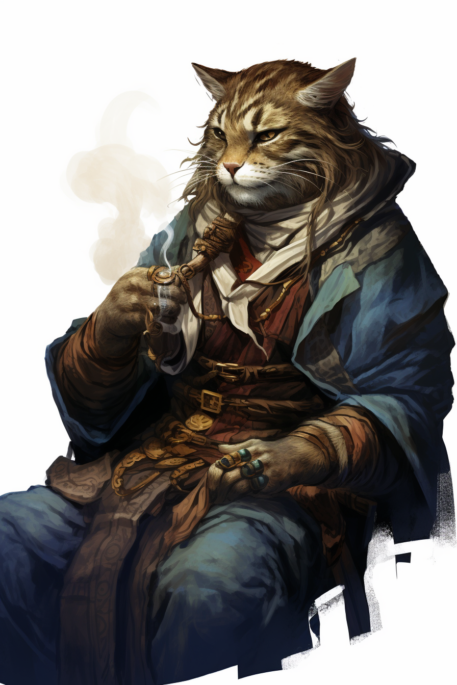 Catfolk merchant smoking pipe on white background