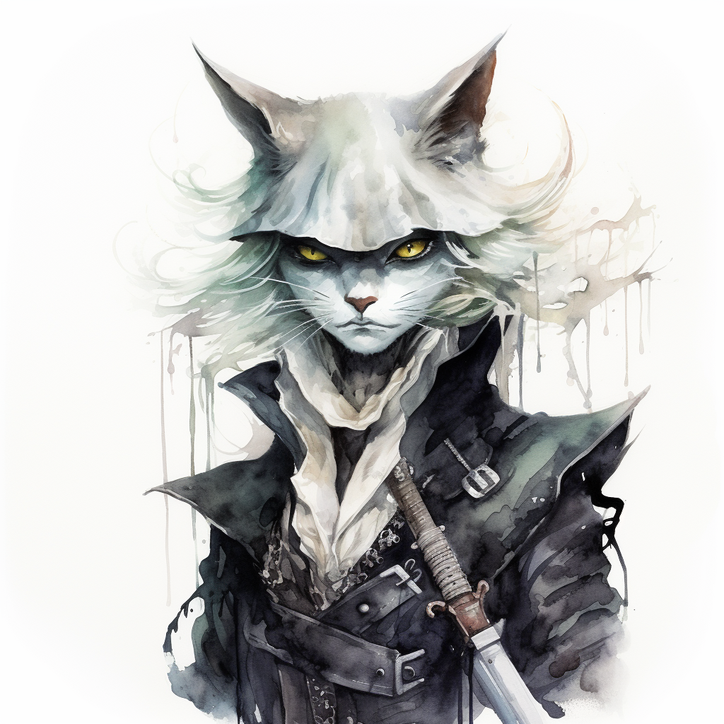 Pale white catfolk rogue with veiled eye