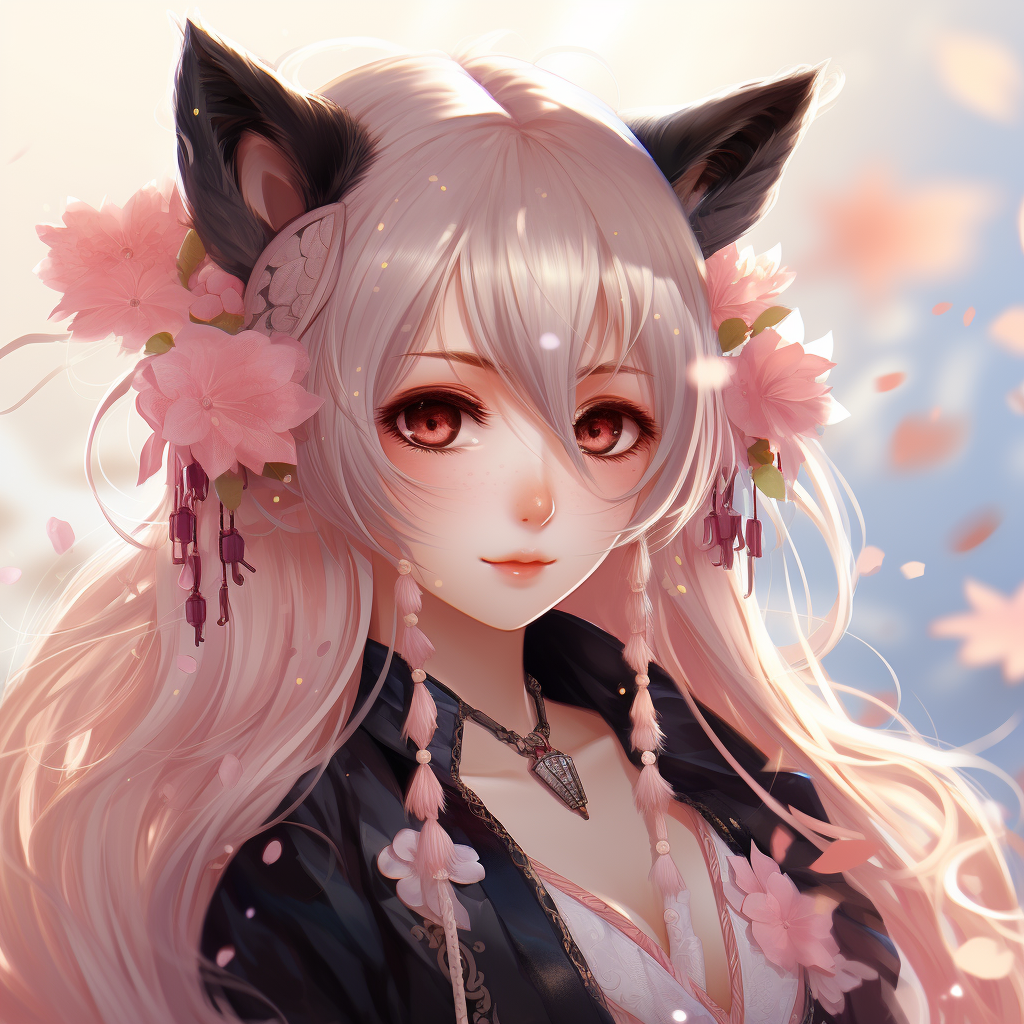 Cute catgirl with fluffy black and pink ears and flowing hair