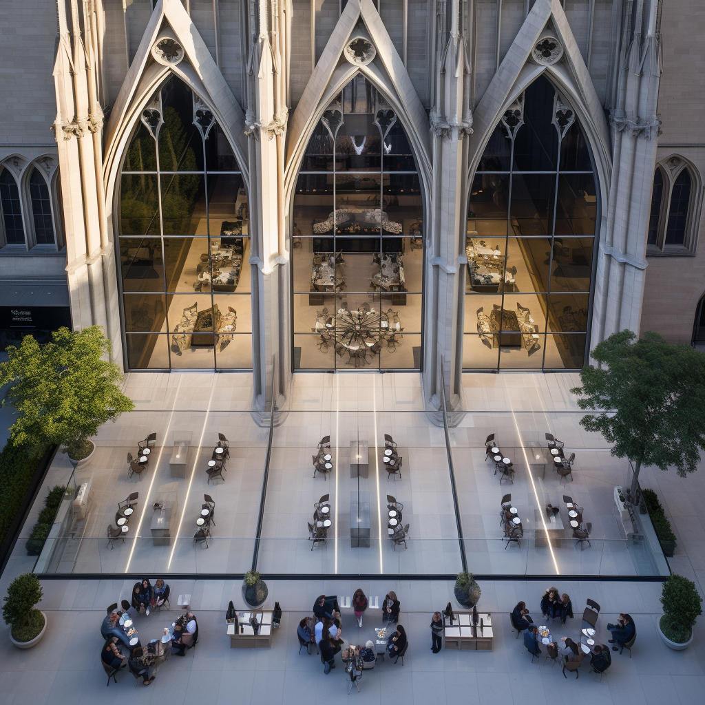 Exterior view of Cathedral Arcade by Mies Van Der Rohe