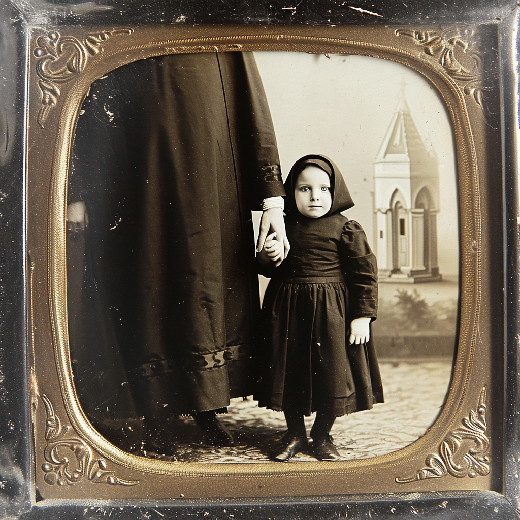 Catholic child holding nun's hand in front of church