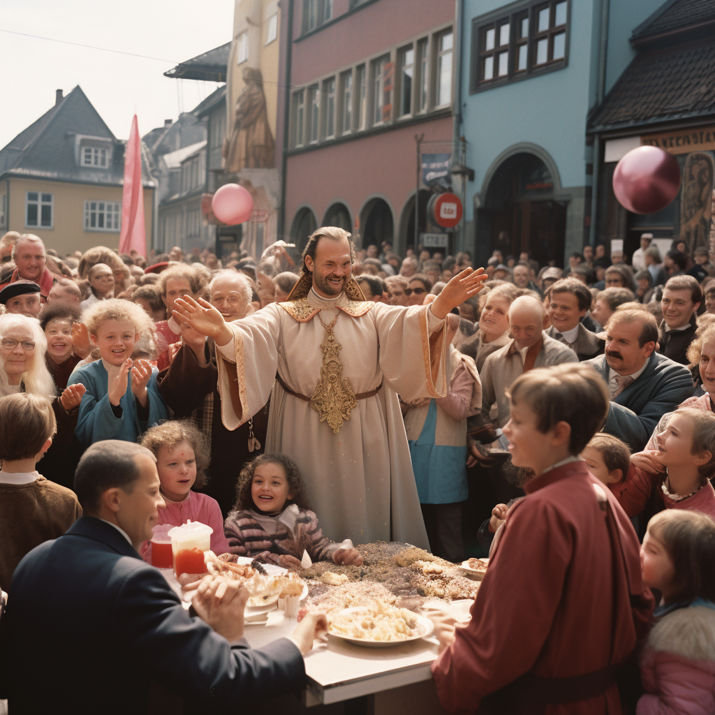 Catholic service in Heidelberg with praying people and smiling Jesus