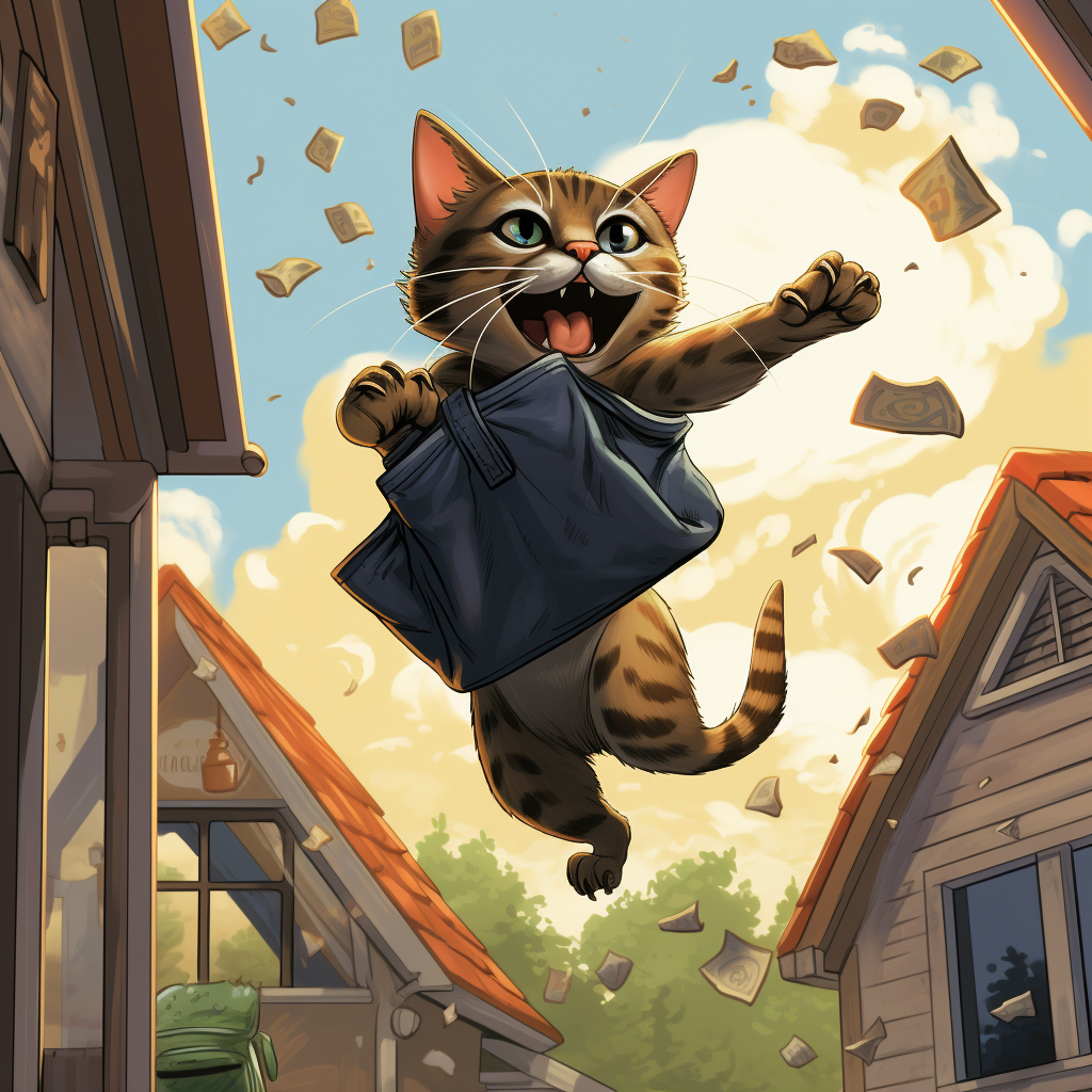 Catperson thief with bag of treasure jumping from window