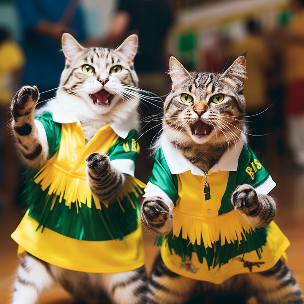 Cats in Brazilian soccer jerseys samba dancing