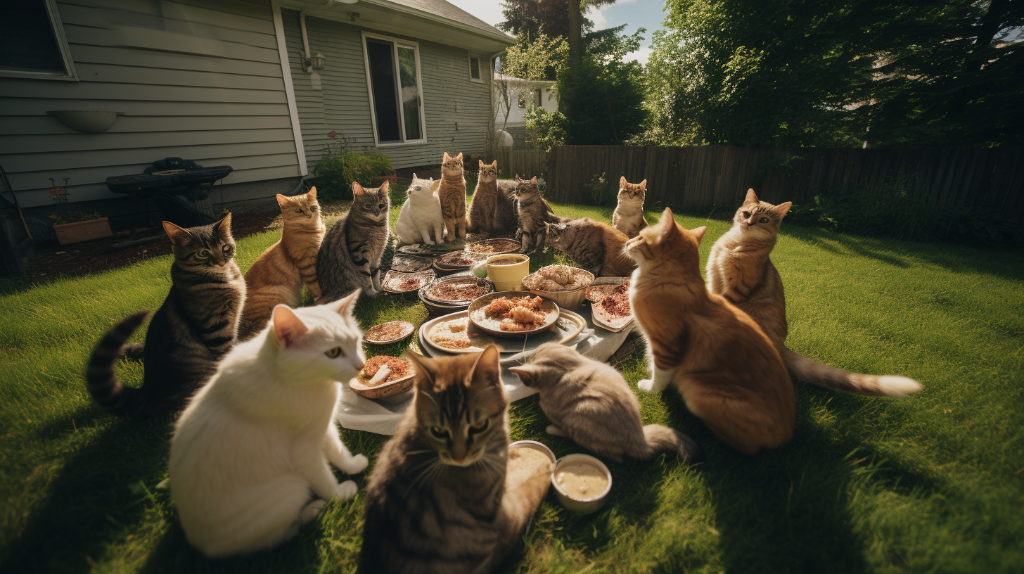 Cats eating cat food outdoors