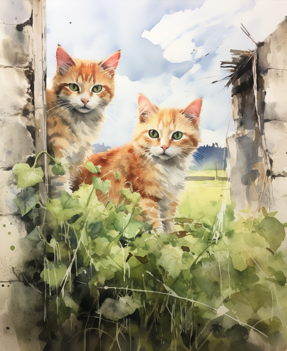 Watercolor painting of cats in Irish countryside