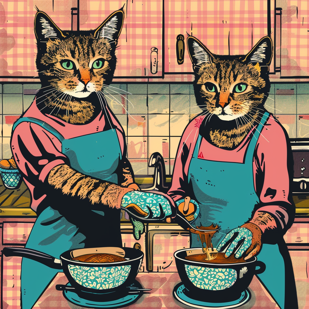 Cats cooking breakfast in kitchen