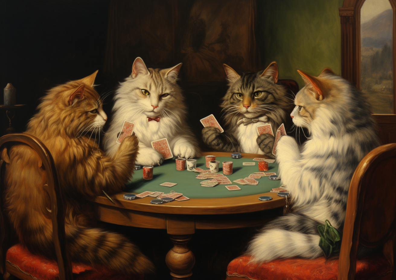 Playful cats holding poker cards