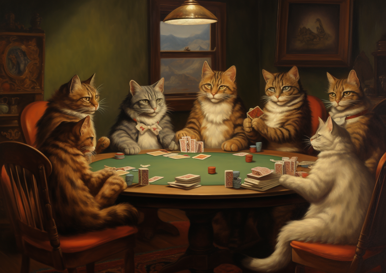 Cats playing poker in living room