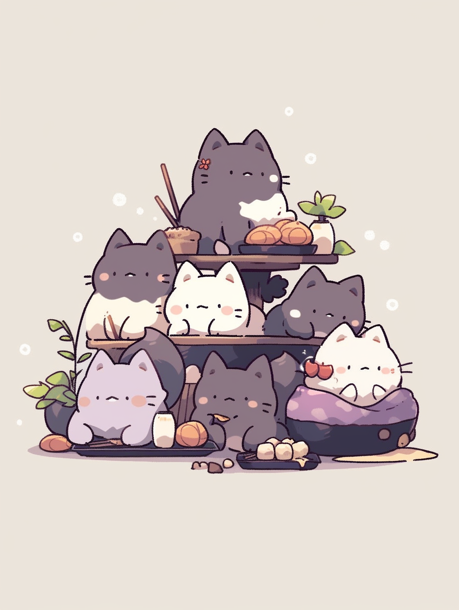 Group of cats enjoying sushi and sake