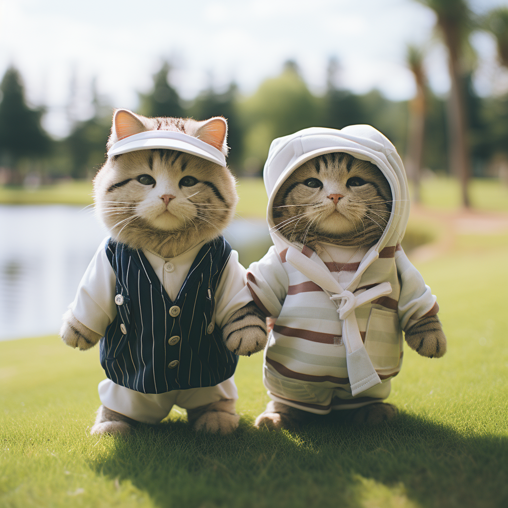 Two cats golfing on a green