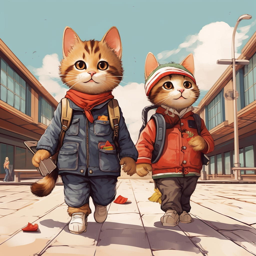 Two cats wearing overalls walking to the bus station