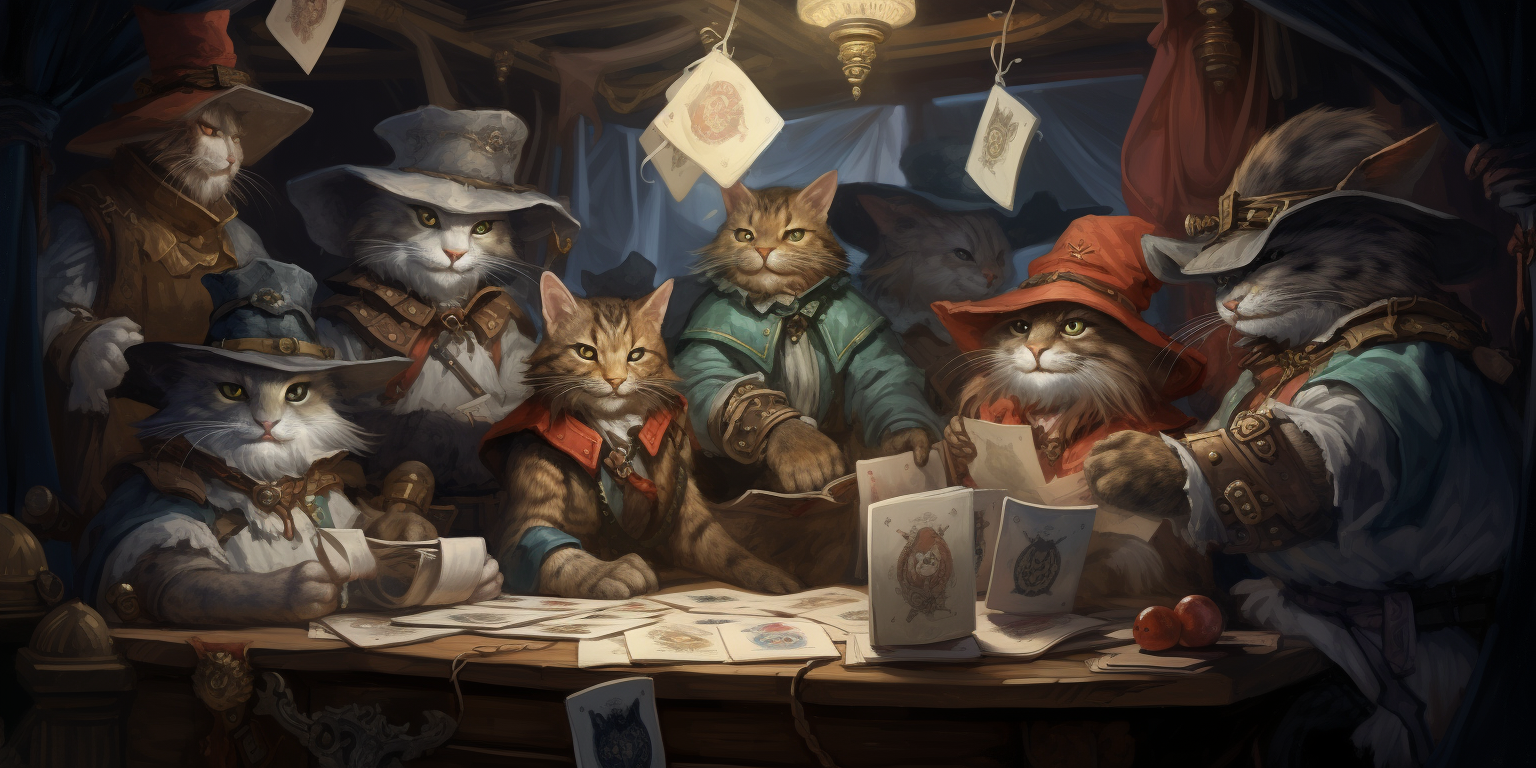 Cats wearing wizard hats playing cards under bed frame