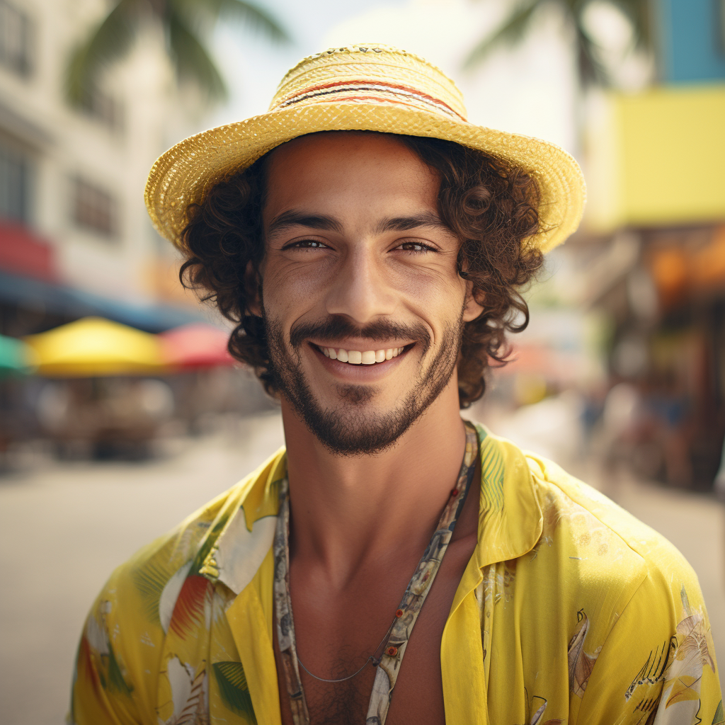 Caucasian Brazilian man enjoying vacation with vibrant yellow accents