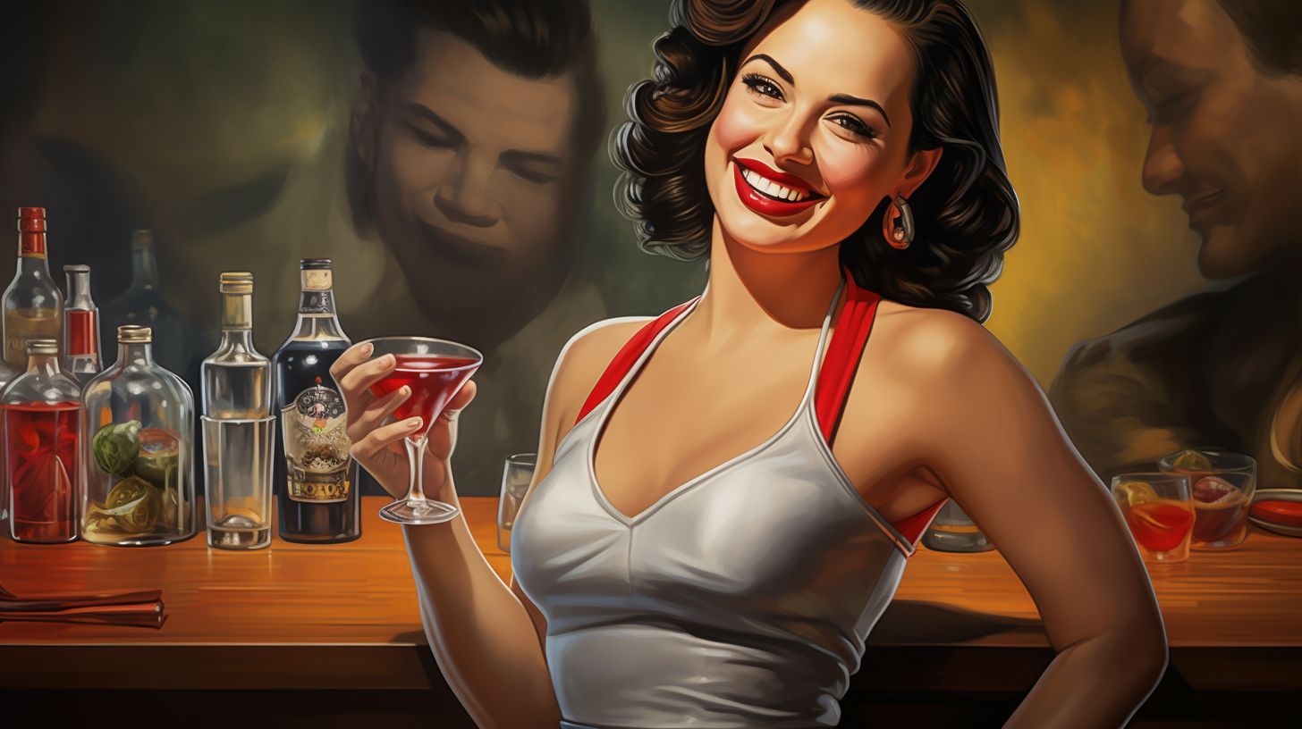 Brunette bartender shaking cocktail shaker with smile