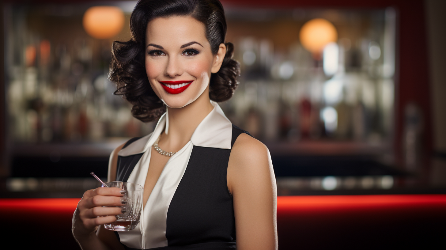 Caucasian brunette bartender shaking chrome cocktail shaker