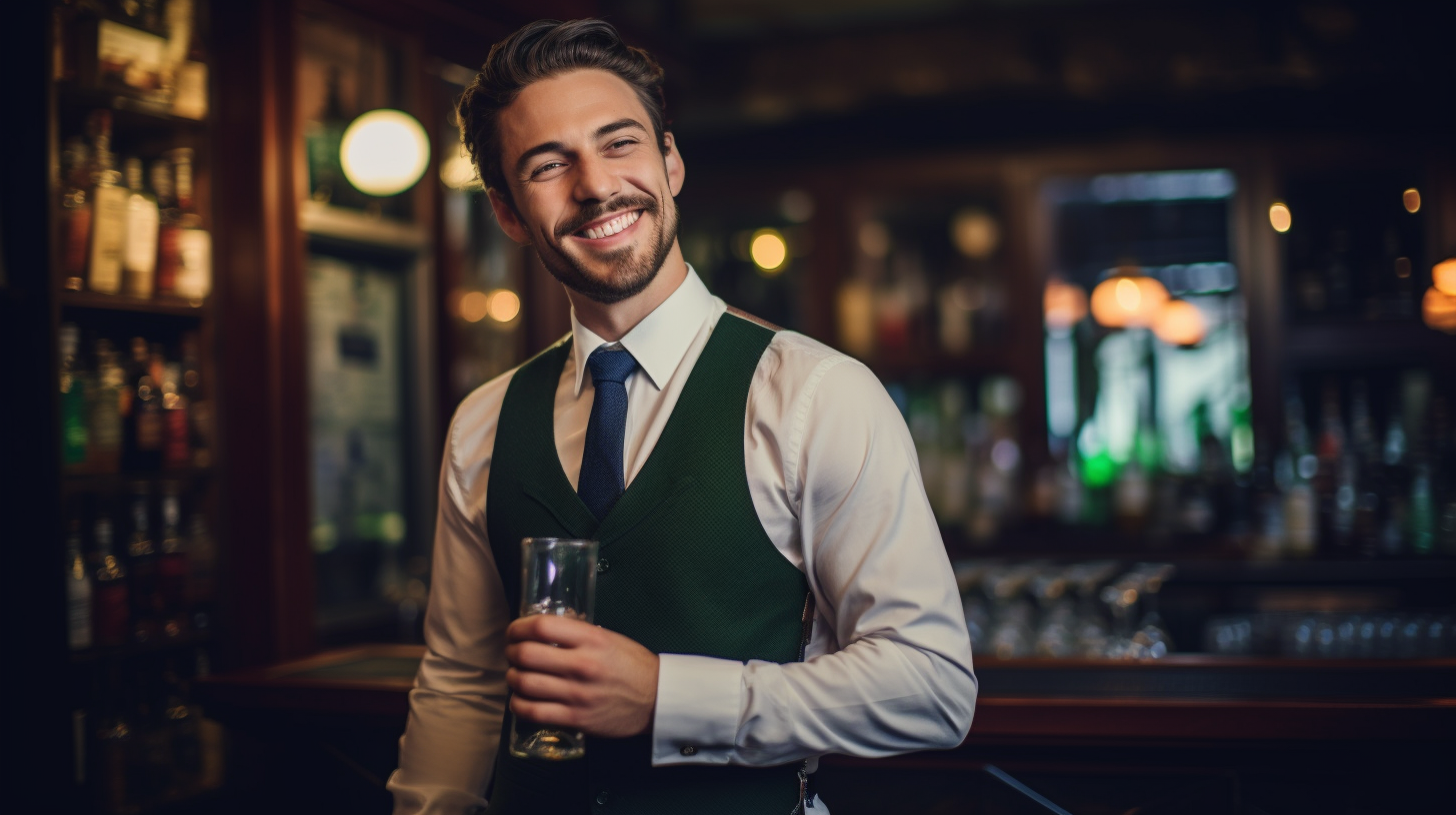 Smiling brunette bartender shaking cocktail shaker