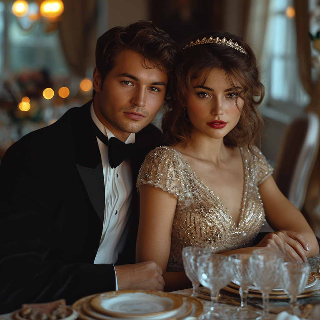 Caucasian couple in evening clothes sitting at table