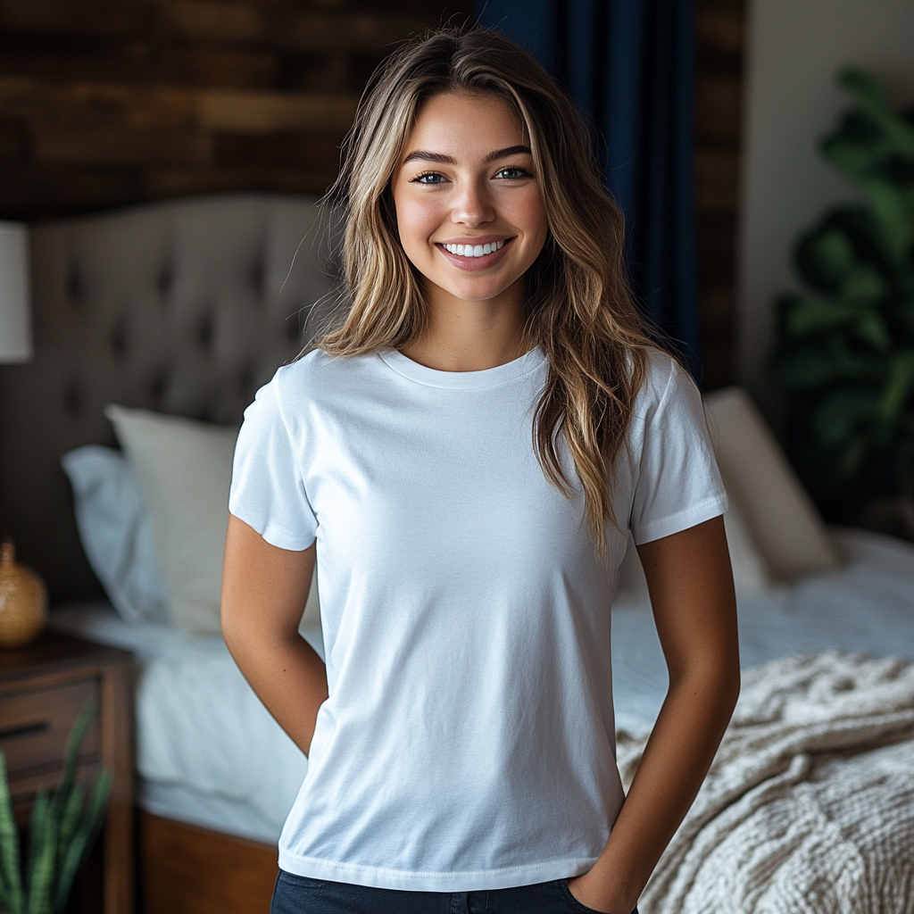 Caucasian female model white t-shirt smiling