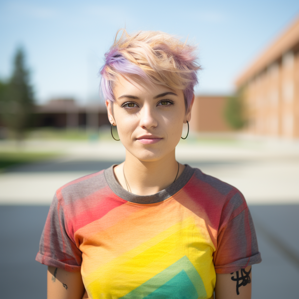 Caucasian female university student with rainbow flag logo