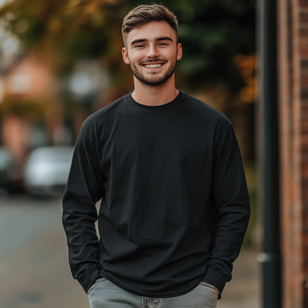 Caucasian male model in black t-shirt