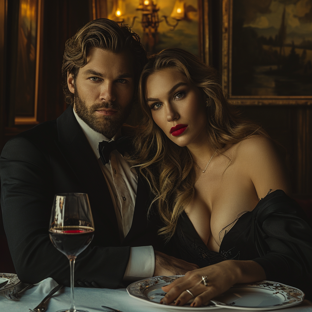 Caucasian couple sitting at table in evening clothes