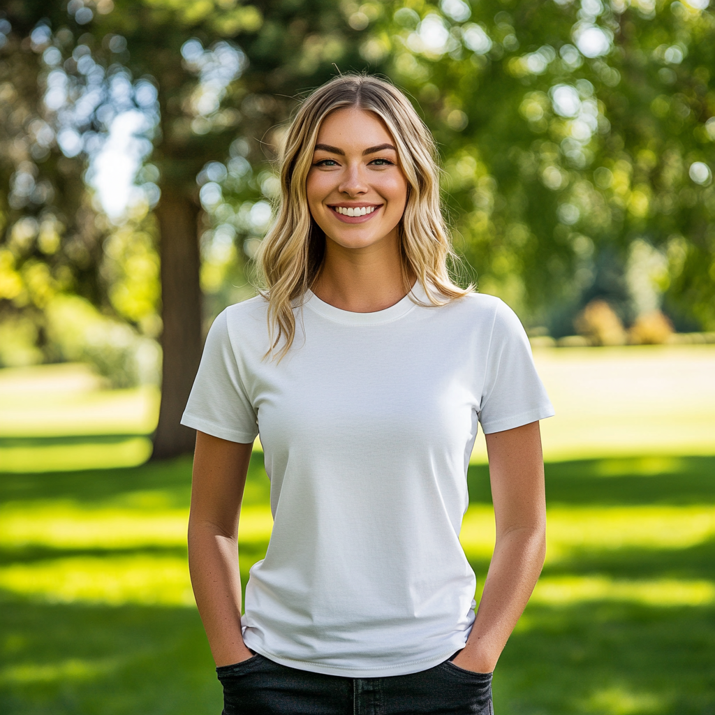 Caucasian Female Model White T-Shirt Park