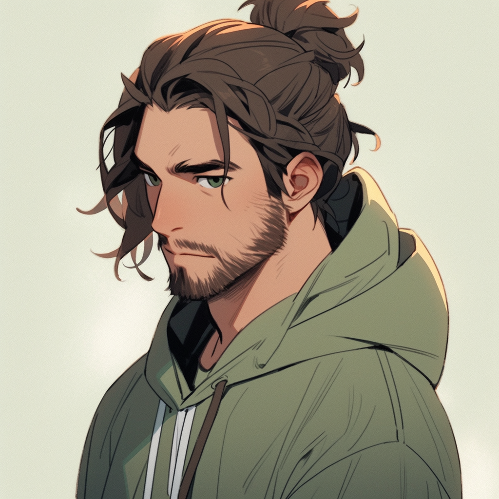 Caucasian male with brown man bun in anime style