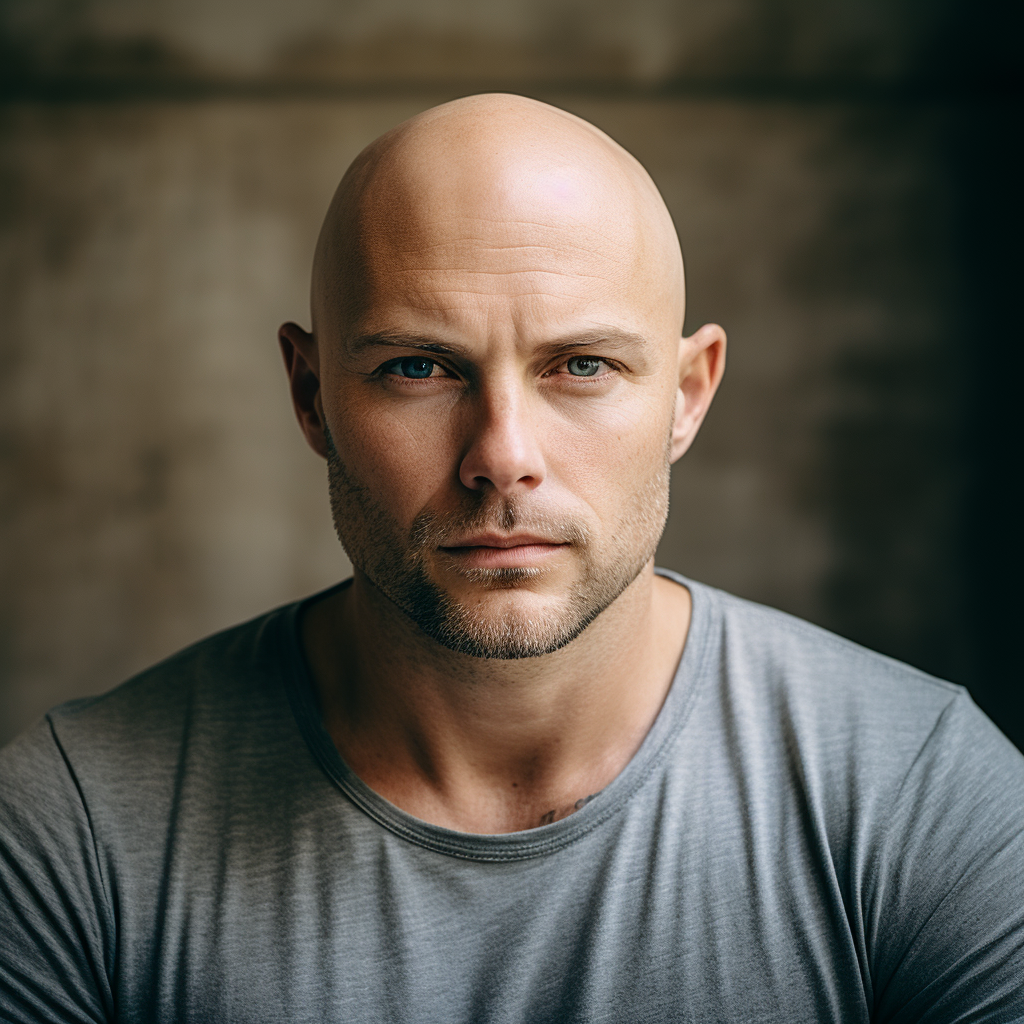 Caucasian male with shaved head wearing grey t-shirt