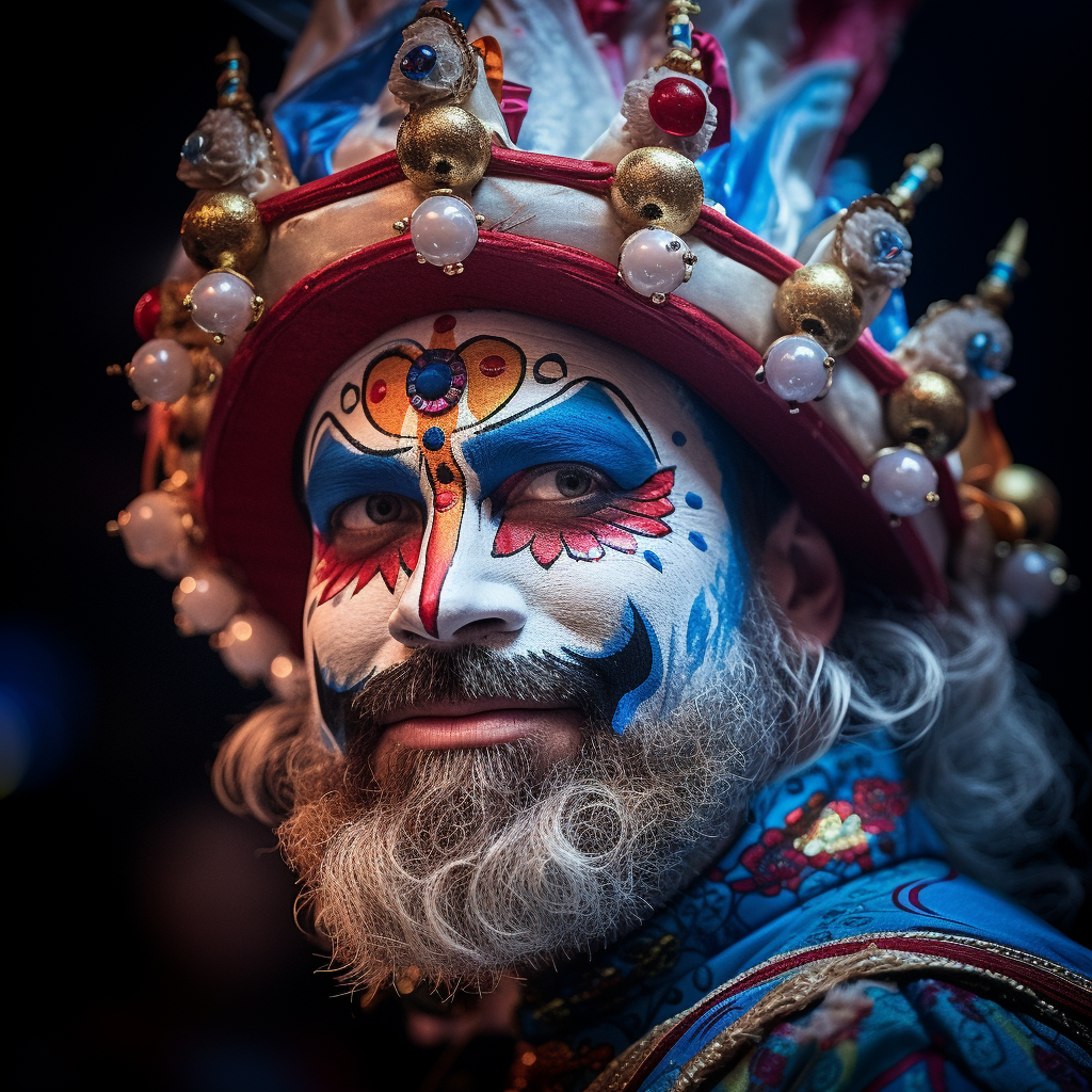 Caucasian man in extravagant circus costume