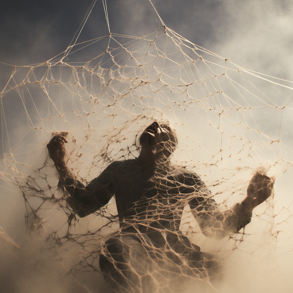 Man entangled in spider's web