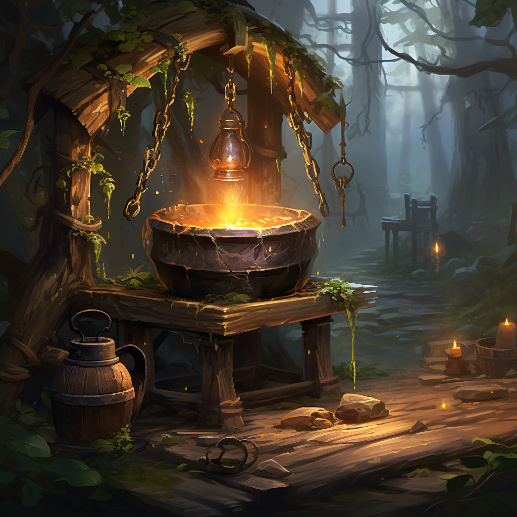 Artistic cauldron with bench and potions