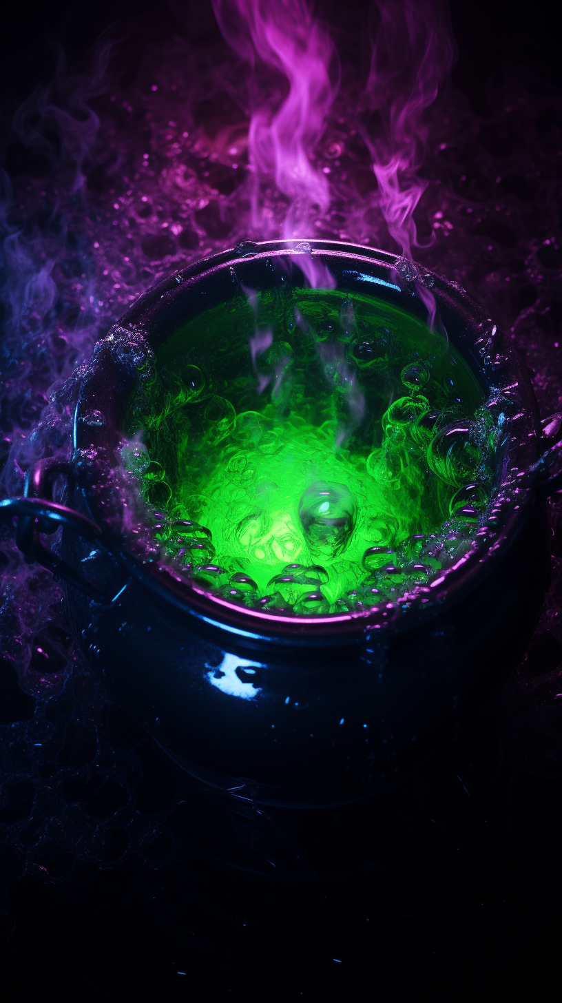 Bubbling cauldron with green liquid