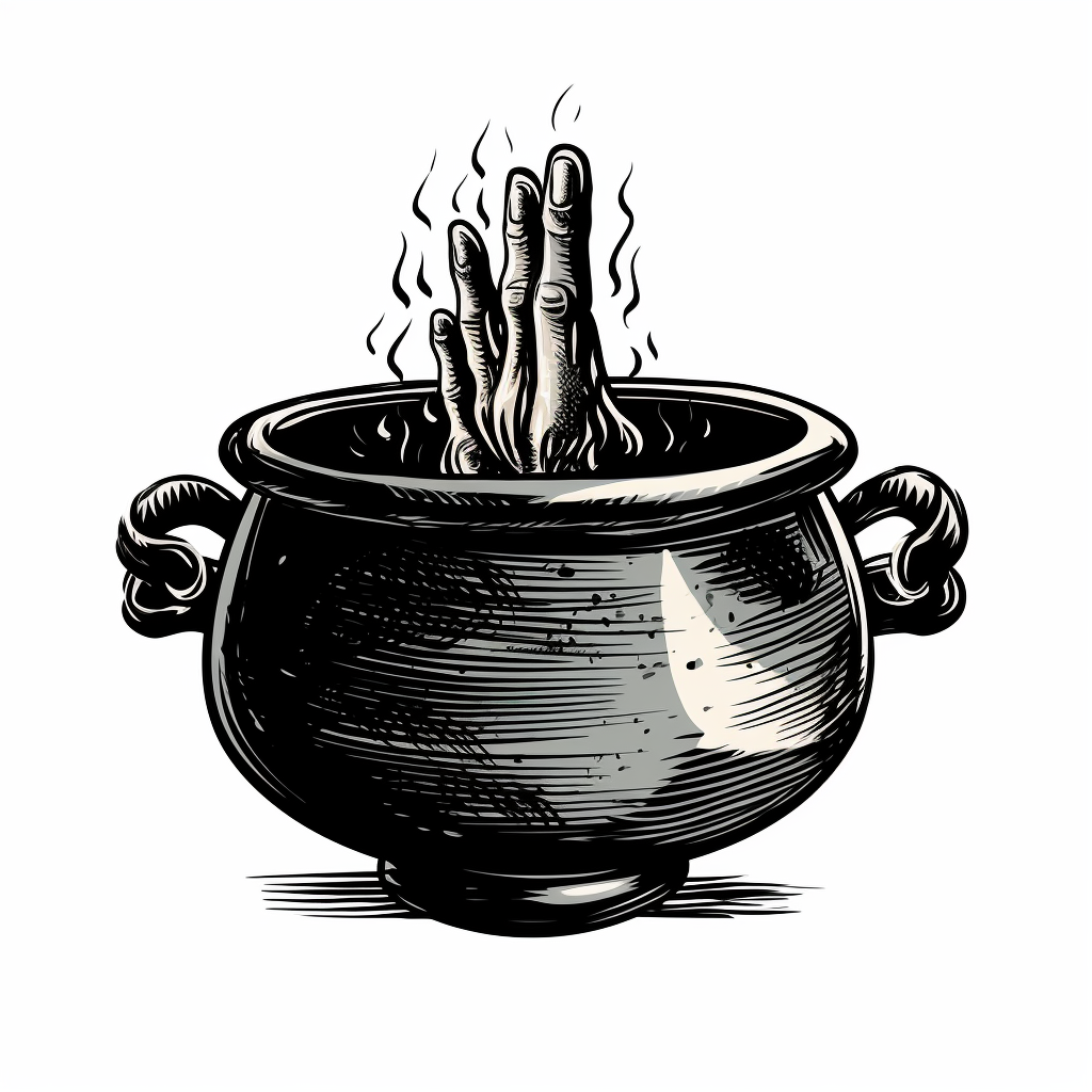 Hand pointing out of cauldron