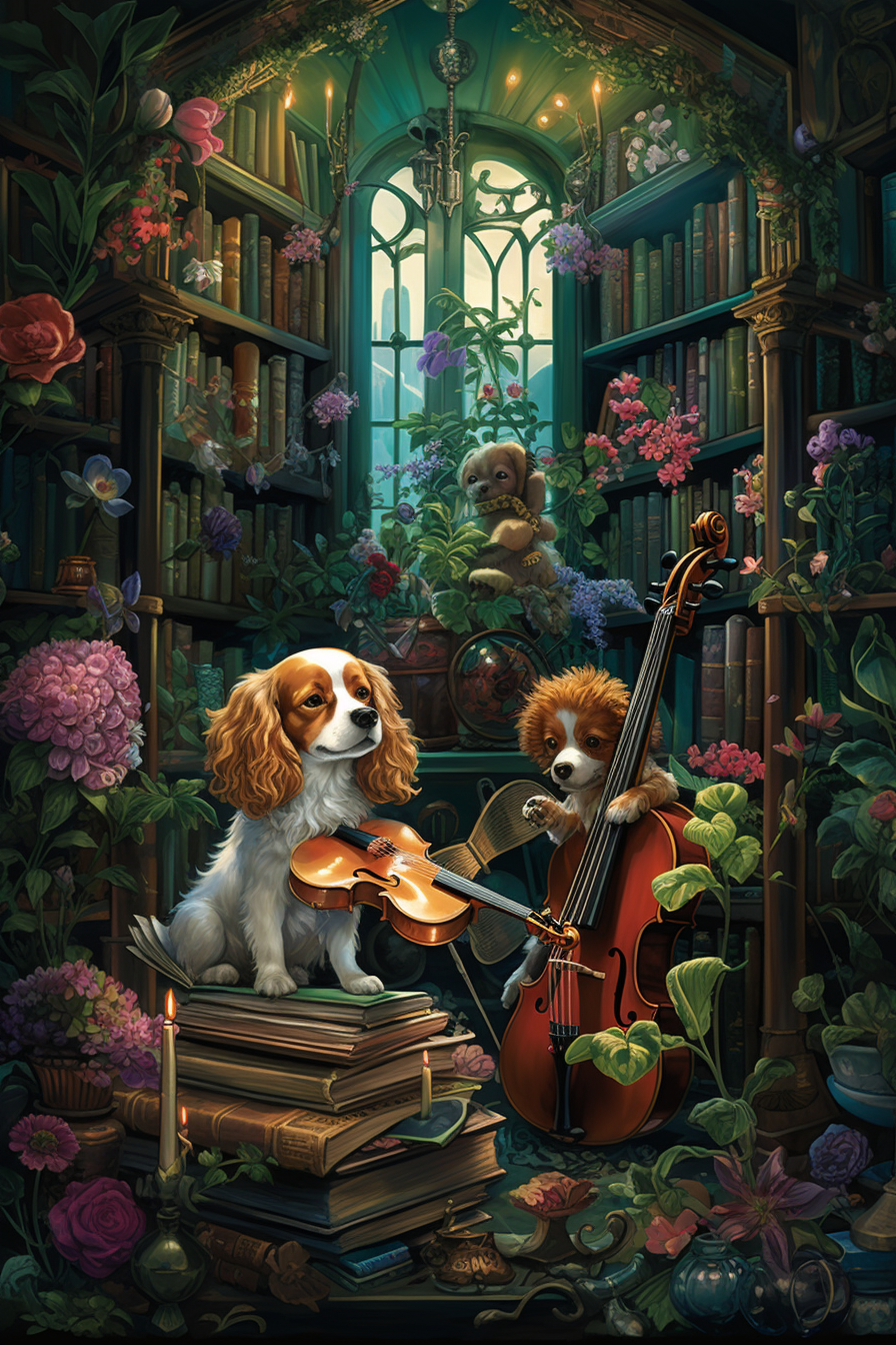 Well-dressed Cavalier King Charles Spaniel Dogs with Saxophones